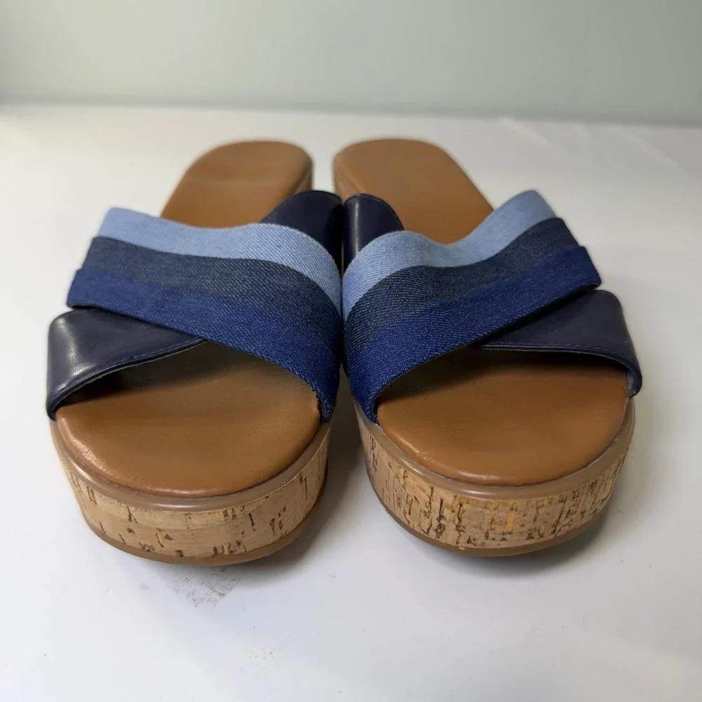 Nine West Xach Aryo Blue Denim Cork Wedge Platform Sandals Womens‎ 8M